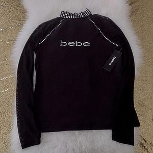 New - Bebe / Large / Black - Long Sheer Sleeves Top with Rhinestones Bebe design